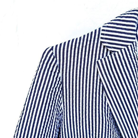 Sandro Navy Blue White Stripped Seersucker Long Sleeve Three Button Blazer - Picture 4 of 9